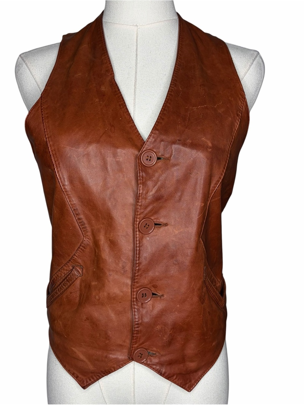 Vintage 70s Brown Leather Western Vest Size S Boho Retro Cowgirl